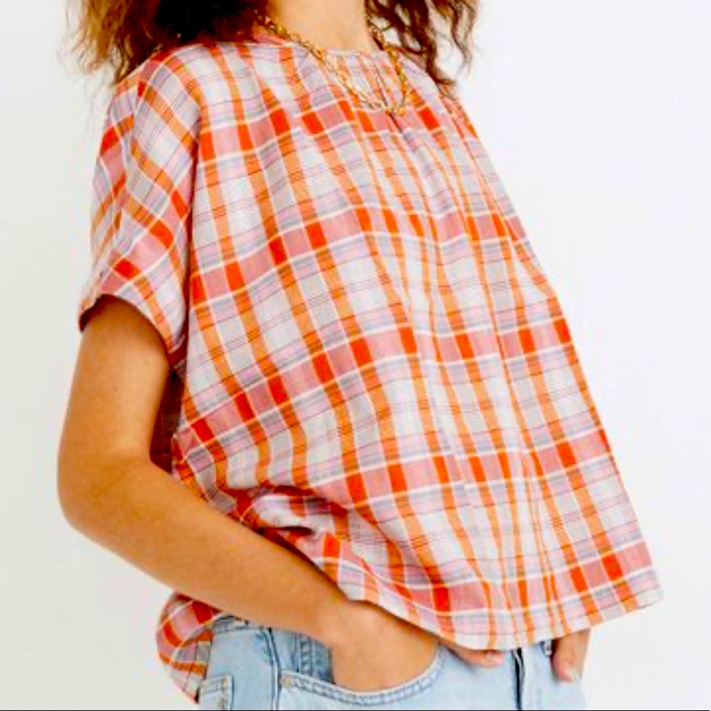 Madewell Red June Hero Plaid Shirred-Neck Top Nwt